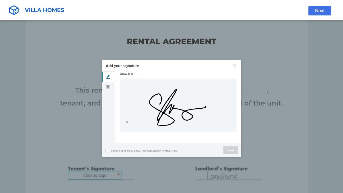 Screenshot of a sample rental agreement using Caspio's Electronic Signature extension.